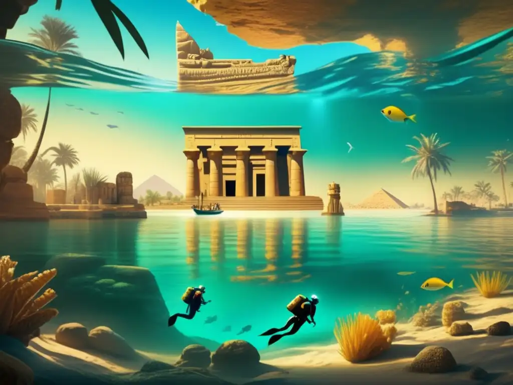 Exploraciones subacuáticas en templos sumergidos del Nilo: arqueólogos bucean en aguas cristalinas, iluminando antiguos tesoros bajo el sol