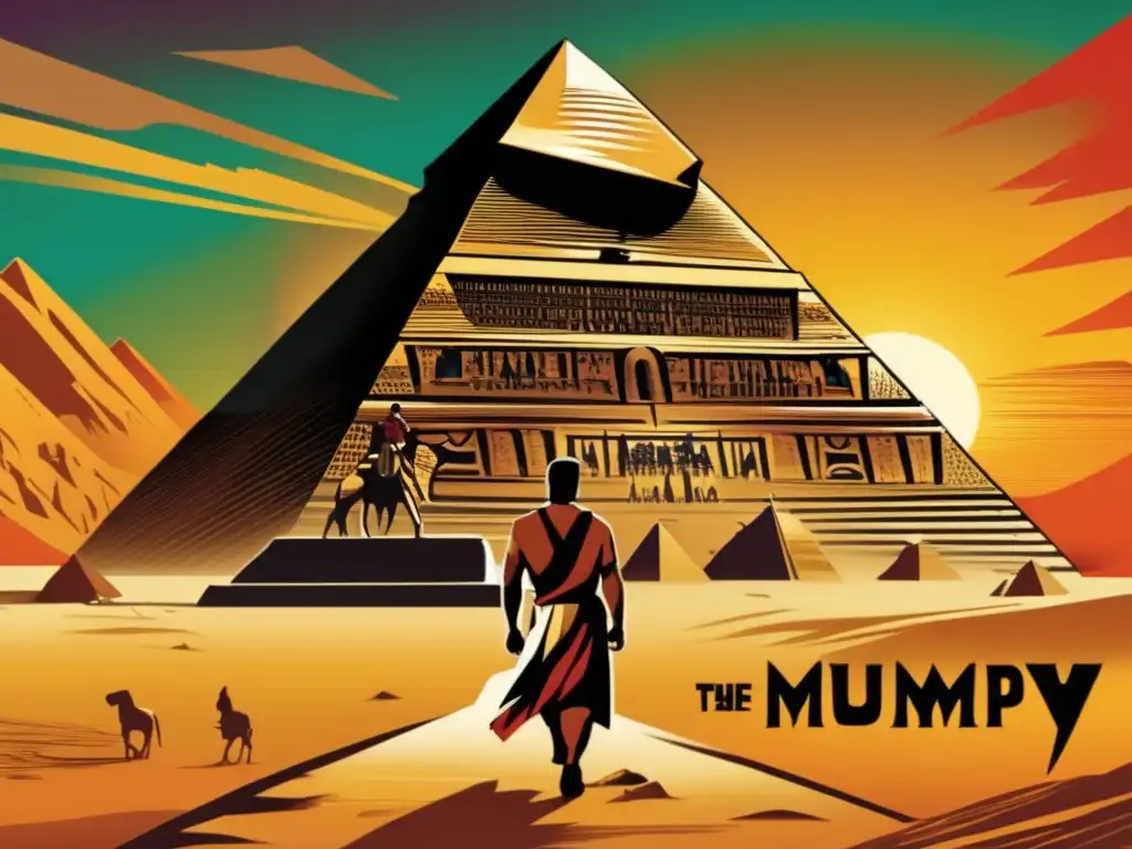 Explorador frente a majestuosa pirámide egipcia en cartel vintage de 'Los Jeroglíficos del Antiguo Egipto en el cine