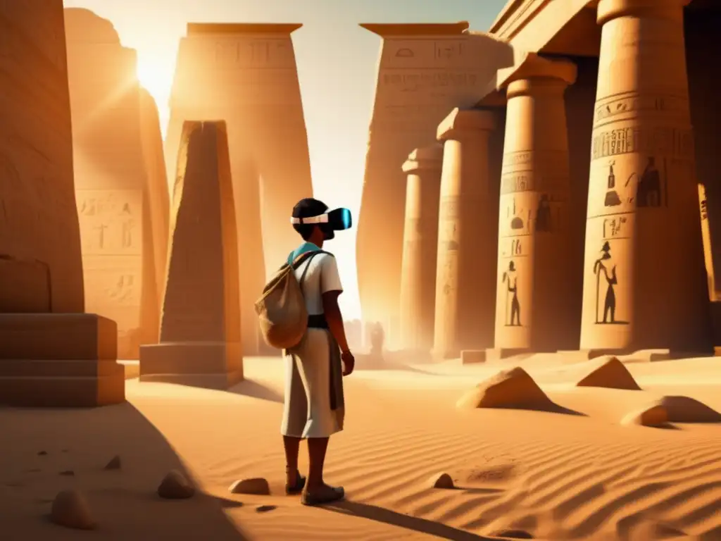 Explorador de la historia antigua de Egipto se maravilla con la realidad virtual en las ruinas, entre columnas de arena y jeroglíficos