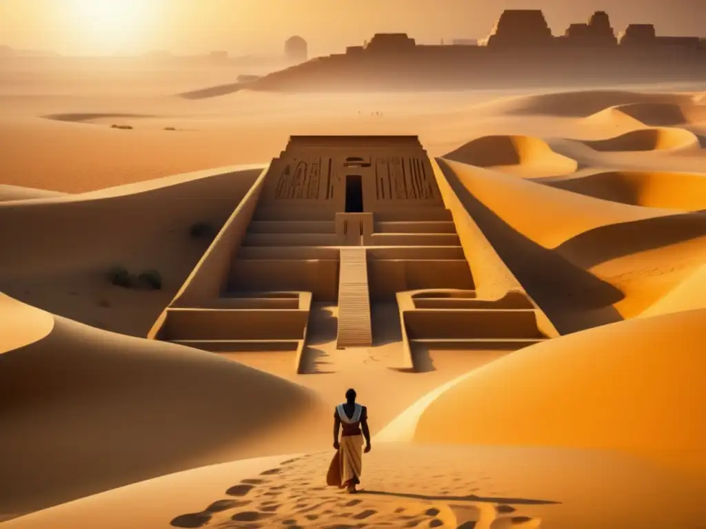 Explorador maravillado ante el majestuoso laberinto Hawara, rodeado de dunas doradas