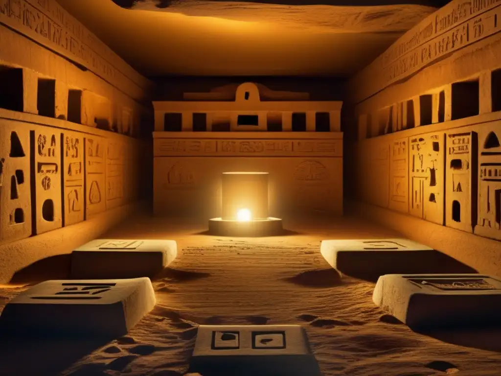 Explorador robótico en tumba egipcia: cámara subterránea iluminada, sarcófago antiguo en pedestal, armonía entre tecnología y historia