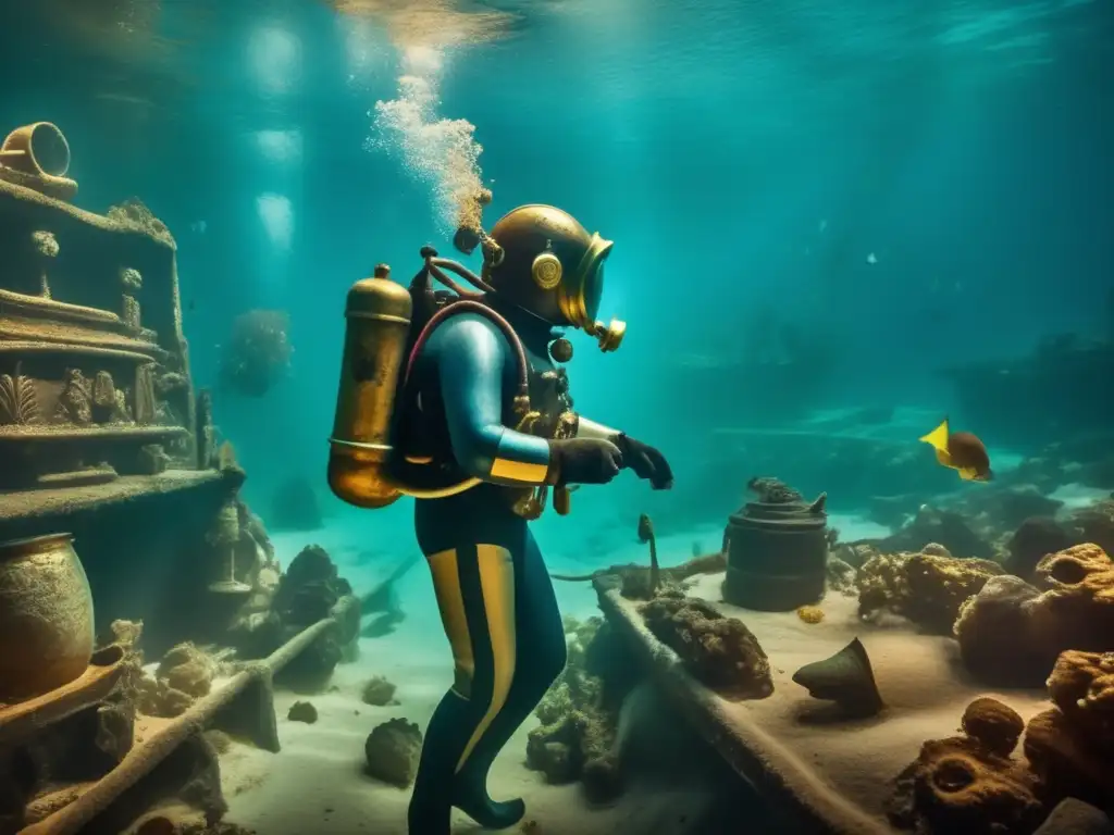 Explorador submarino en traje vintage, rodeado de reliquias sumergidas del Mediterráneo egipcio
