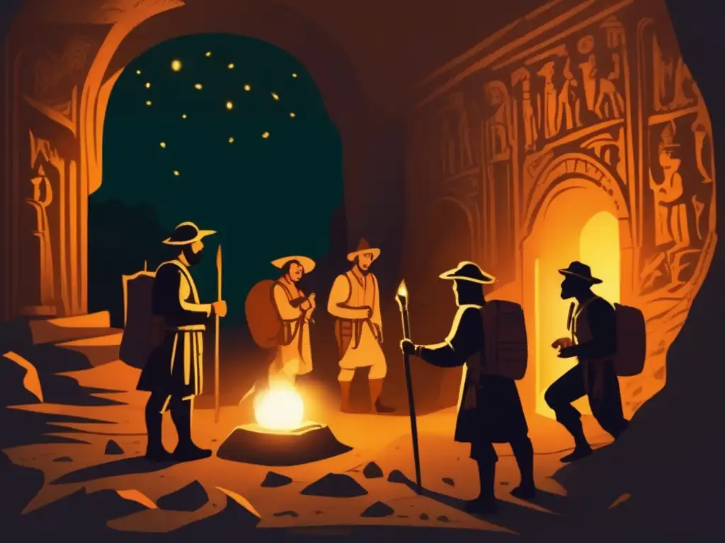 Exploradores en una cámara subterránea, iluminada por antorchas, examinan con emoción los artefactos en la tumba perdida de Alejandro Magno