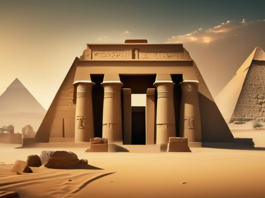 Exploradores robots en ruinas egipcias: Una imagen antigua y detallada de un templo egipcio, donde un robot captura secretos milenarios