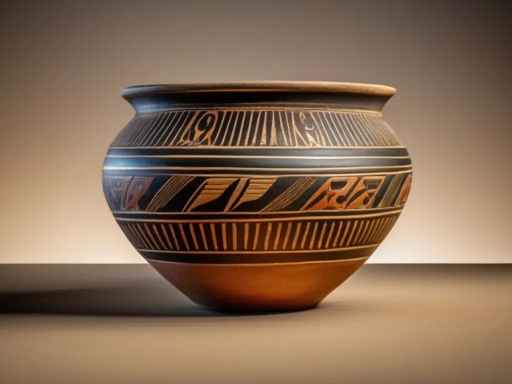 Expresiones artísticas Egipto Predinástico: Detallada imagen de una vasija de cerámica vintage con motivos simbólicos y patrones intrincados, que evocan el pasado ancestral y la riqueza artística de la era Predinástica