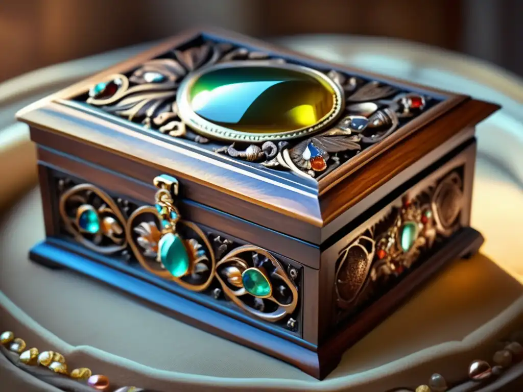 Una fotografía vintage muestra una exquisita caja de joyería adornada con tallados intrincados y piedras preciosas