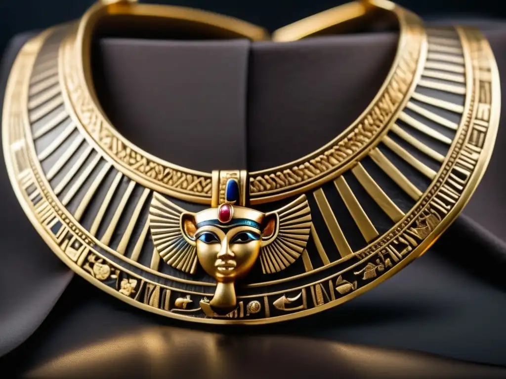 Una exquisita collar de oro de la antigua Egipto, con engravings de jeroglíficos y figuras simbólicas, brilla contra un fondo oscuro