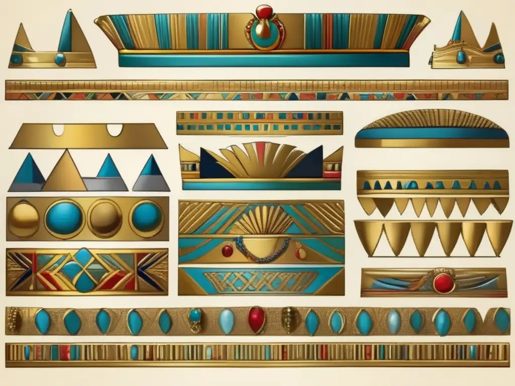 Exquisita ilustración vintage de coronas y tocados del arte egipcio, destacando detalles y elegancia real