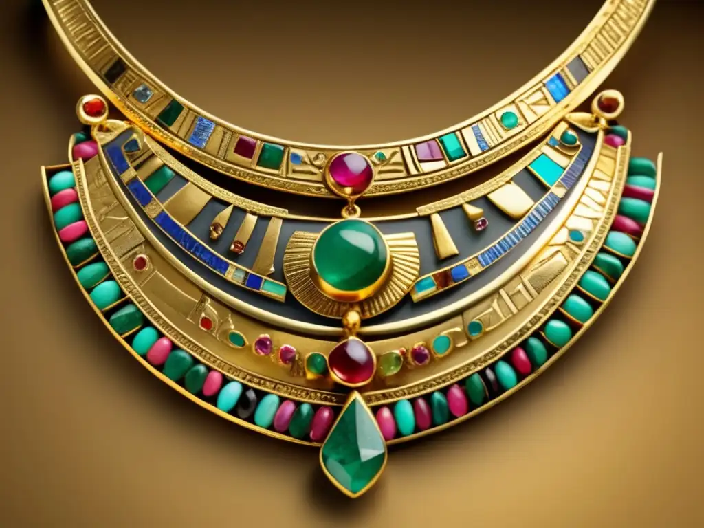 Exquisita joyería egipcia en oro con gemas en una imagen de alta resolución