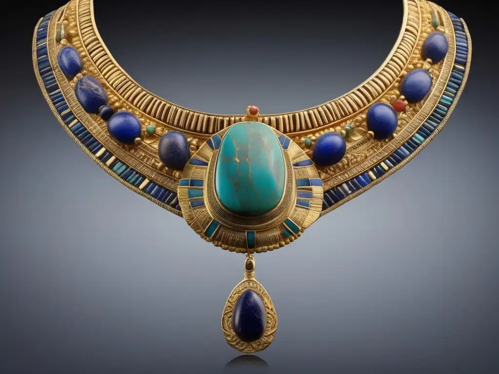 Exquisita joyería egipcia del Segundo Periodo Intermedio, con intrincados detalles en oro y turquesa, destaca sobre fondo oscuro