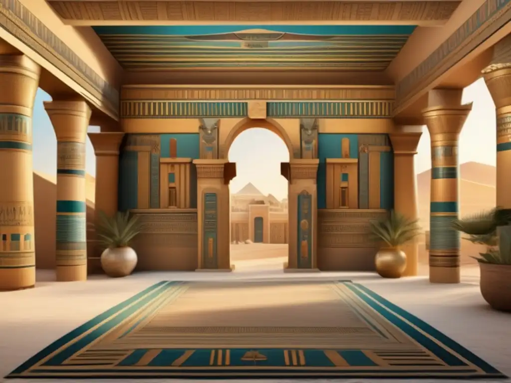 Una exquisita pintura mural que muestra la conexión entre la arquitectura doméstica en el Antiguo Egipto y la mitología, con detalles arquitectónicos y colores vibrantes