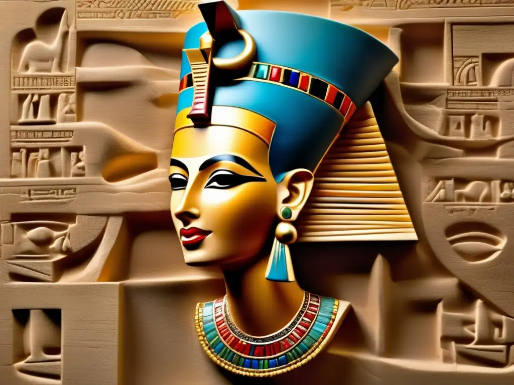 Una exquisita talla en relieve que representa a Nefertiti, la icónica Reina de Egipto, en toda su belleza regia