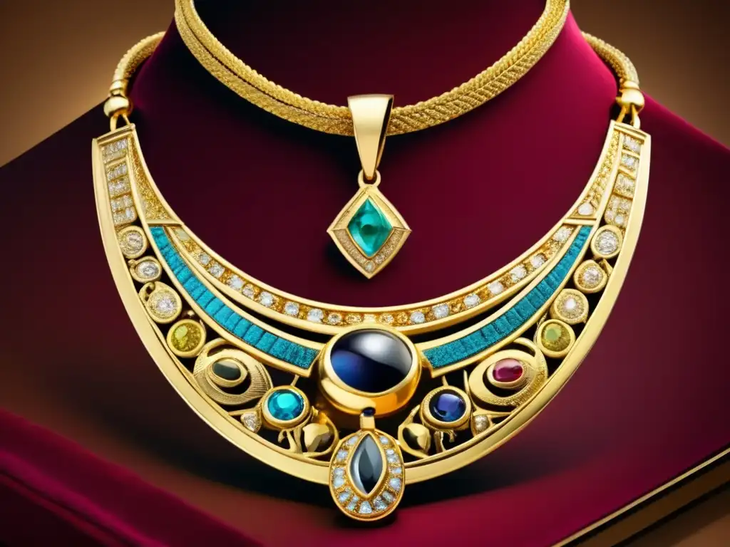 Exquisito collar vintage de oro con grabados de jeroglíficos, destacando el colgante central en forma del Ojo de Horus