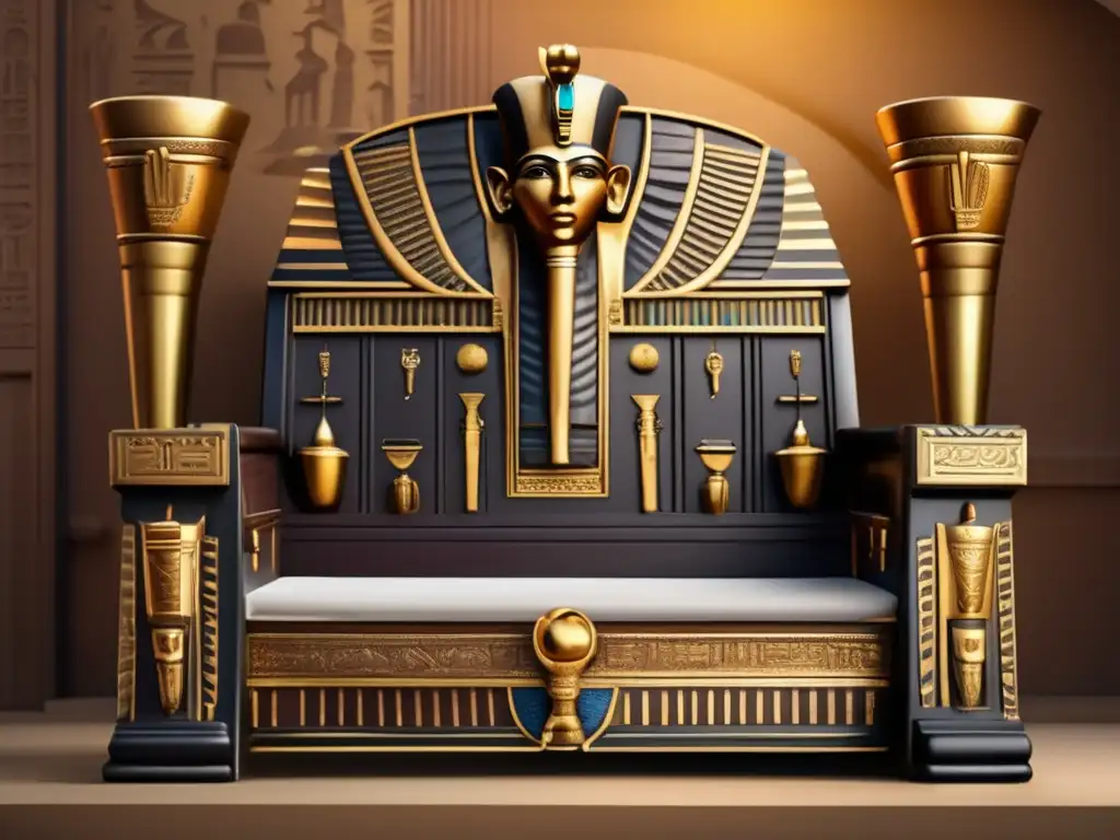 Exquisito trono egipcio antiguo, tallado en madera oscura y adornado con detalles dorados