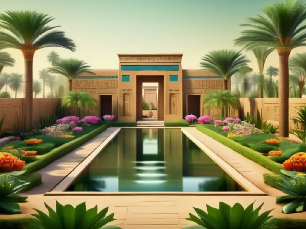 Un exuberante jardín en Egipto antiguo, con caminos simétricos, flores y palmeras