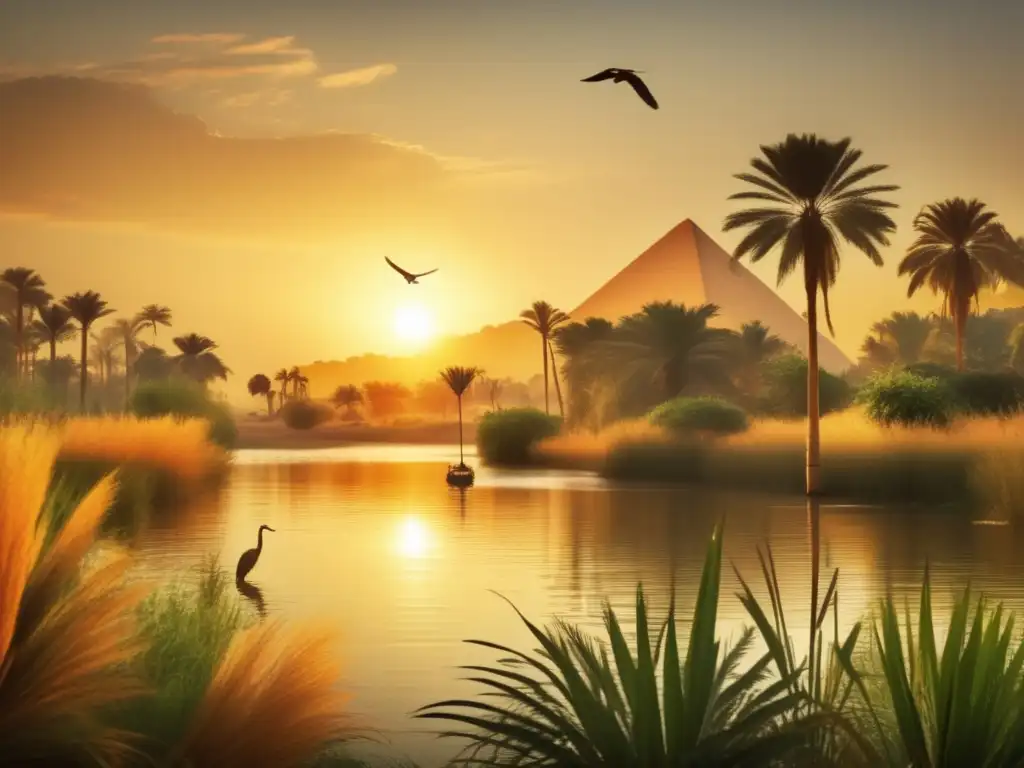 La exuberante ecología del Nilo en Egipto cobra vida en esta imagen vintage, con la serena belleza del río reflejando los tonos dorados del atardecer