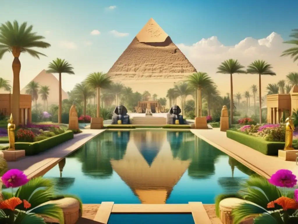 Un exuberante jardín egipcio con columnas y estatuas talladas en piedra