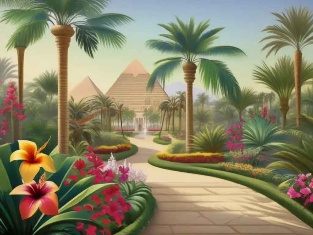 Un exuberante jardín egipcio lleno de plantas importadas, con palmeras altas y coloridas flores