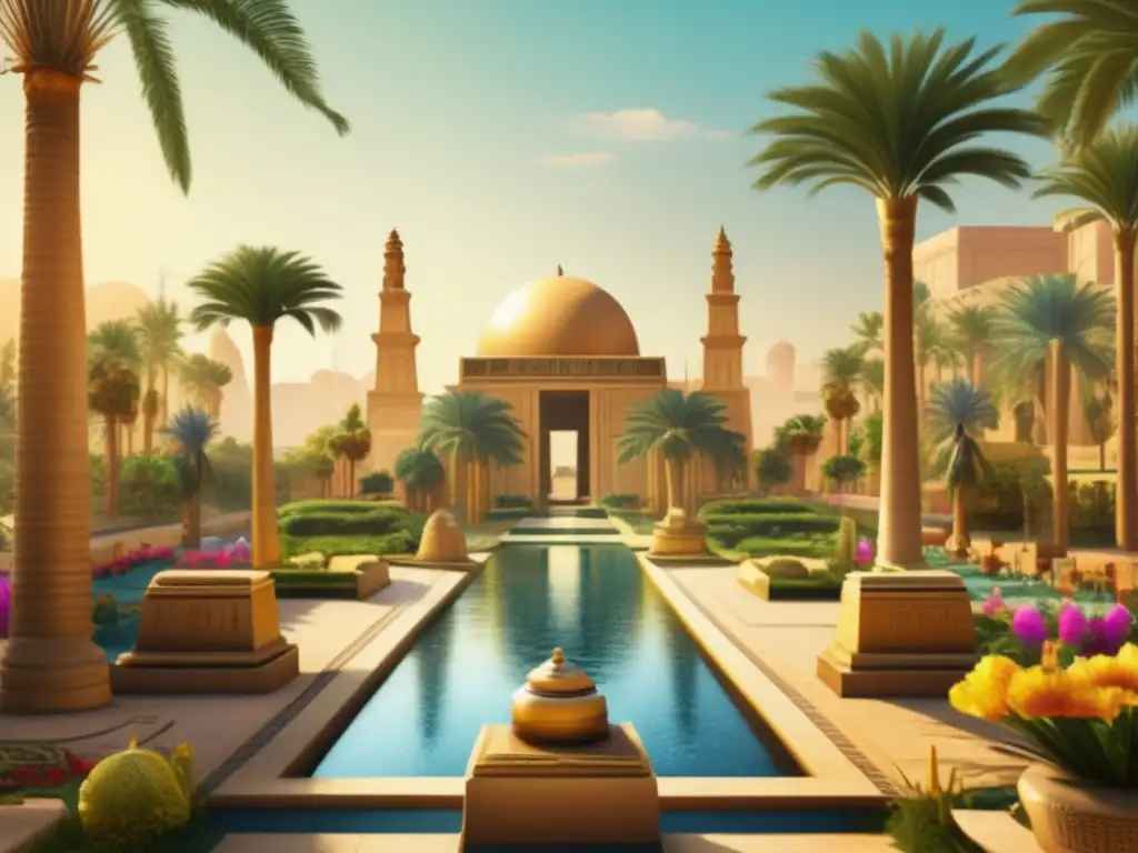 Un exuberante jardín egipcio con palmeras altísimas, flores vibrantes y fuentes de agua intrincadamente diseñadas
