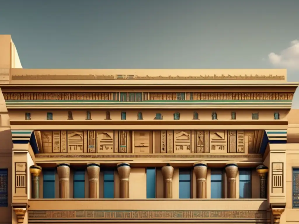 Una fachada vintage detallada con elementos arquitectónicos egipcios destacados, rodeada de rascacielos y arquitectura moderna