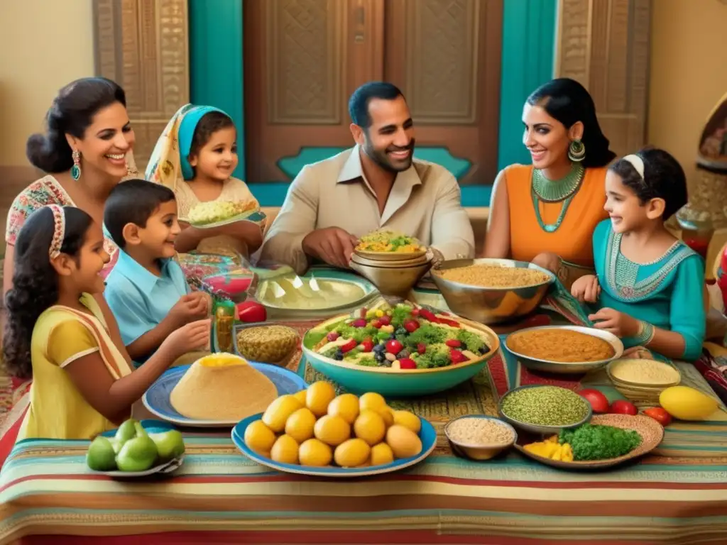 Una familia egipcia tradicional se reúne alrededor de una mesa llena de alimentos deliciosos y nutritivos en el Nilo