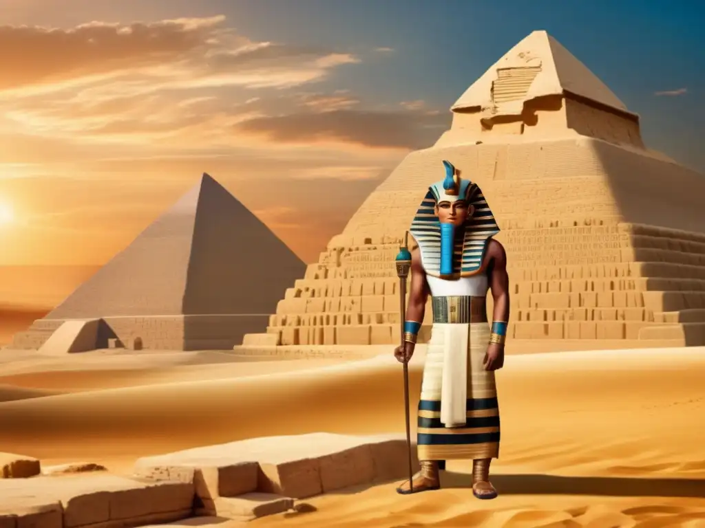 Imhotep, el famoso arquitecto, médico y visir del antiguo Egipto, se muestra orgulloso frente a la magnífica Pirámide de Djoser