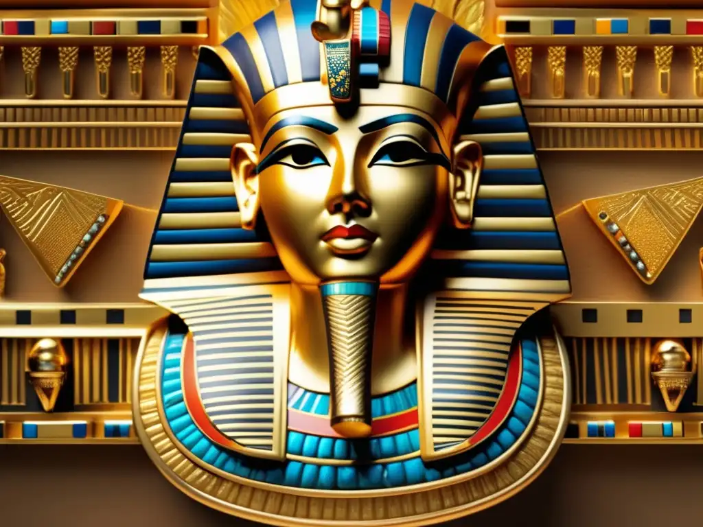 Descubrimiento tumba Tutankamón faraón niño: Máscara dorada icónica en una imagen 8k, muestra su artesanía intrincada y joyas incrustadas