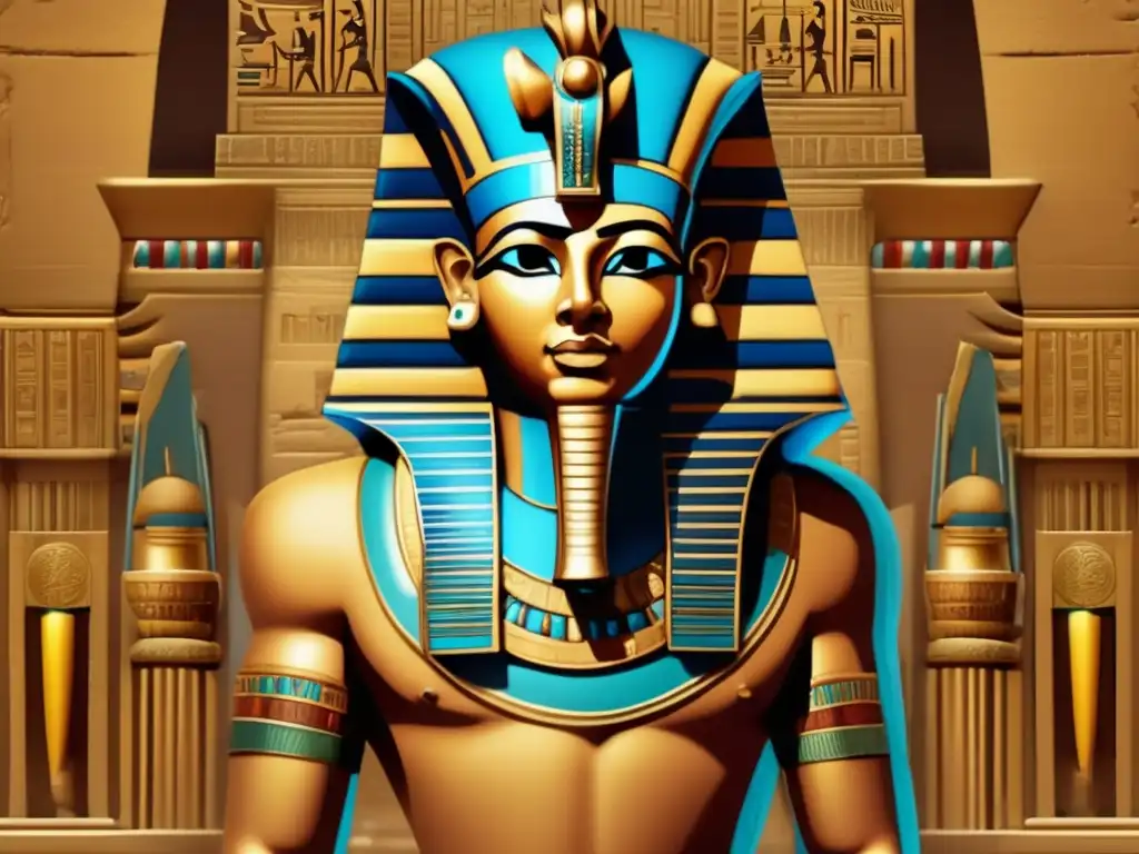 Imponente faraón egipcio en atuendo ornamental y simbólico Un faraón egipcio antiguo, imponente en su vestimenta simbólica y detallada