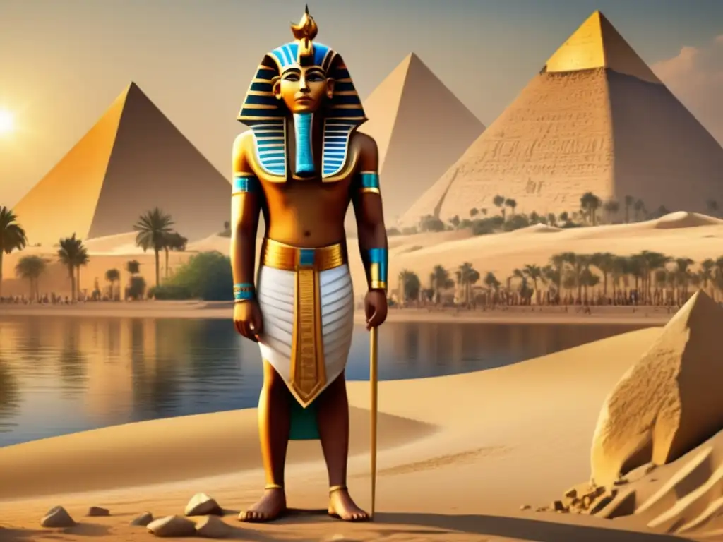 Un faraón egipcio antiguo, rodeado de sus leales súbditos y soldados, en las orillas del Nilo con las majestuosas pirámides de Giza al fondo