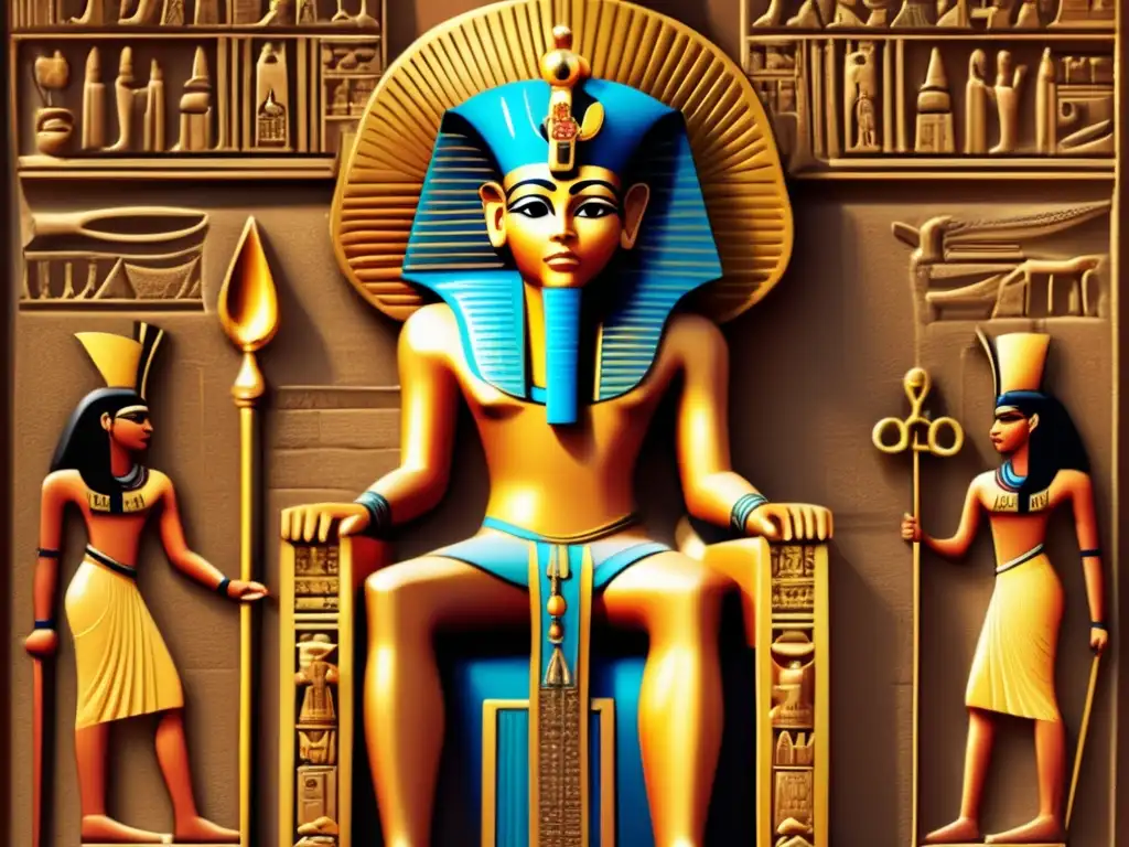 Un faraón egipcio antiguo está sentado en un trono dorado, rodeado de símbolos y rituales de legitimación faraónica