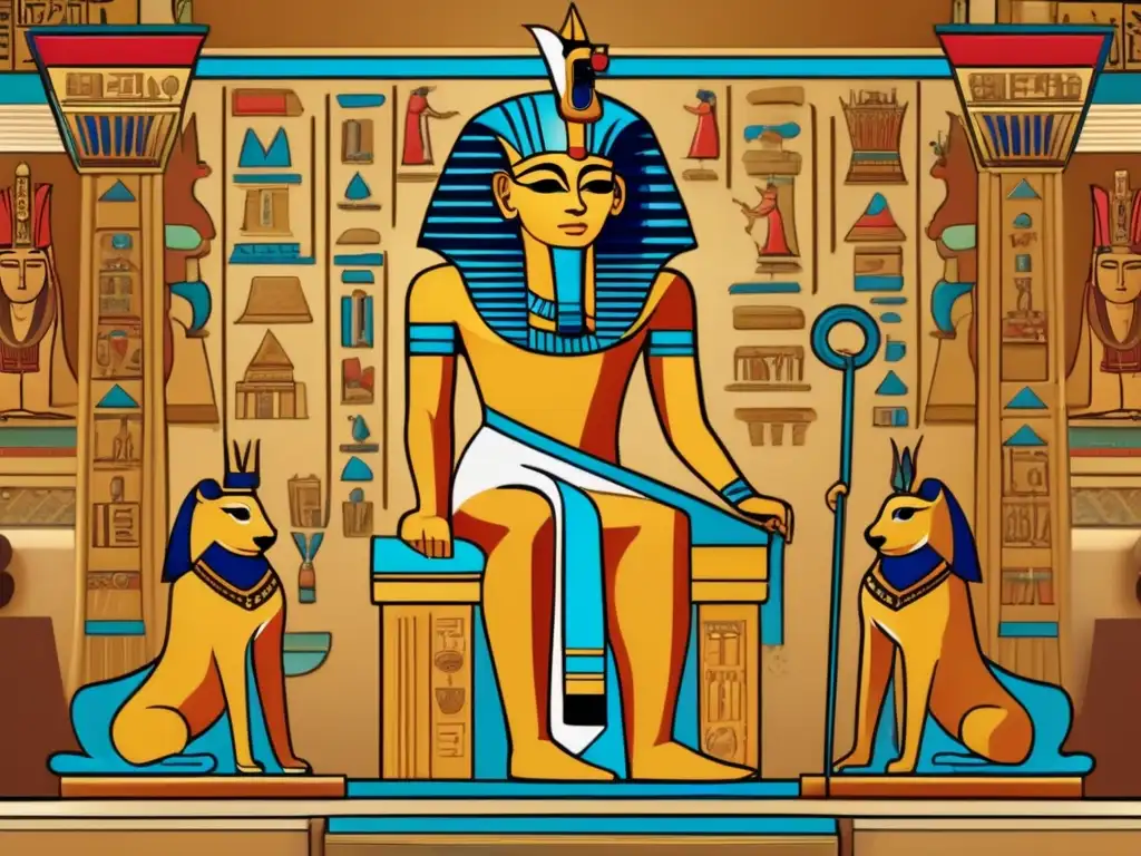 Un faraón egipcio antiguo, con símbolos de poder y autoridad, sentado en un trono adornado con jeroglíficos