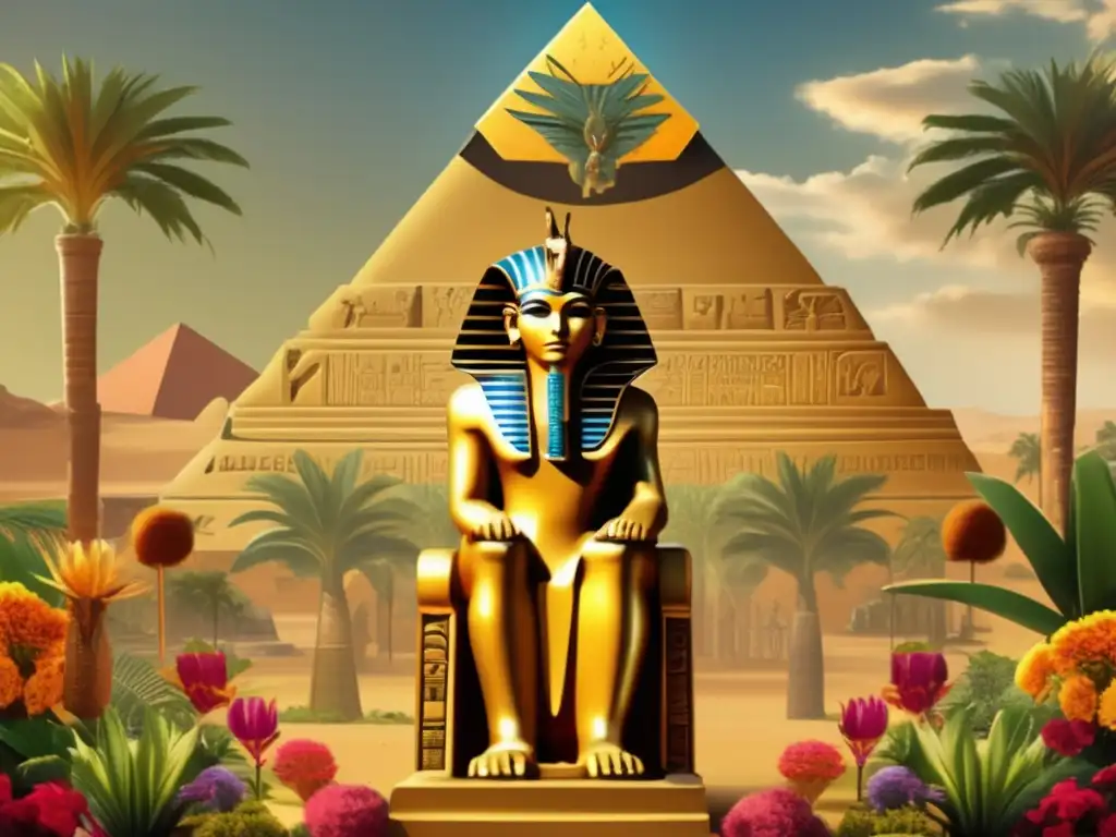 Un faraón egipcio antiguo se sienta en un trono dorado rodeado de jeroglíficos y símbolos