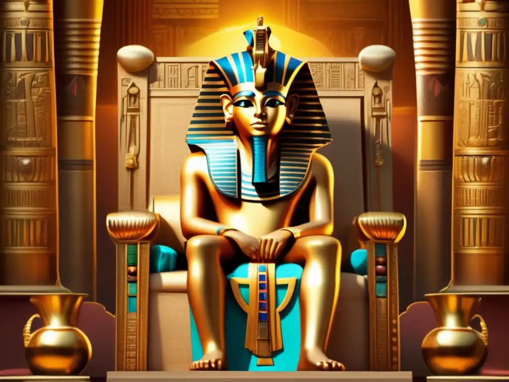 Un faraón egipcio antiguo en un trono dorado rodeado de lujo y riqueza