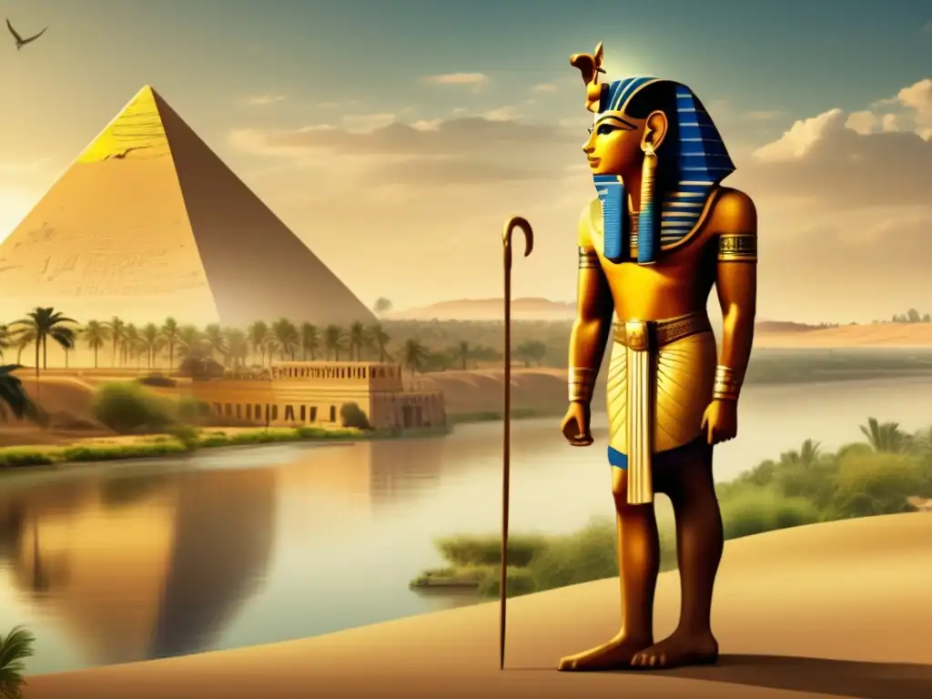 Un faraón majestuoso en las orillas del Nilo, protegiendo sus fronteras con estrategias defensa