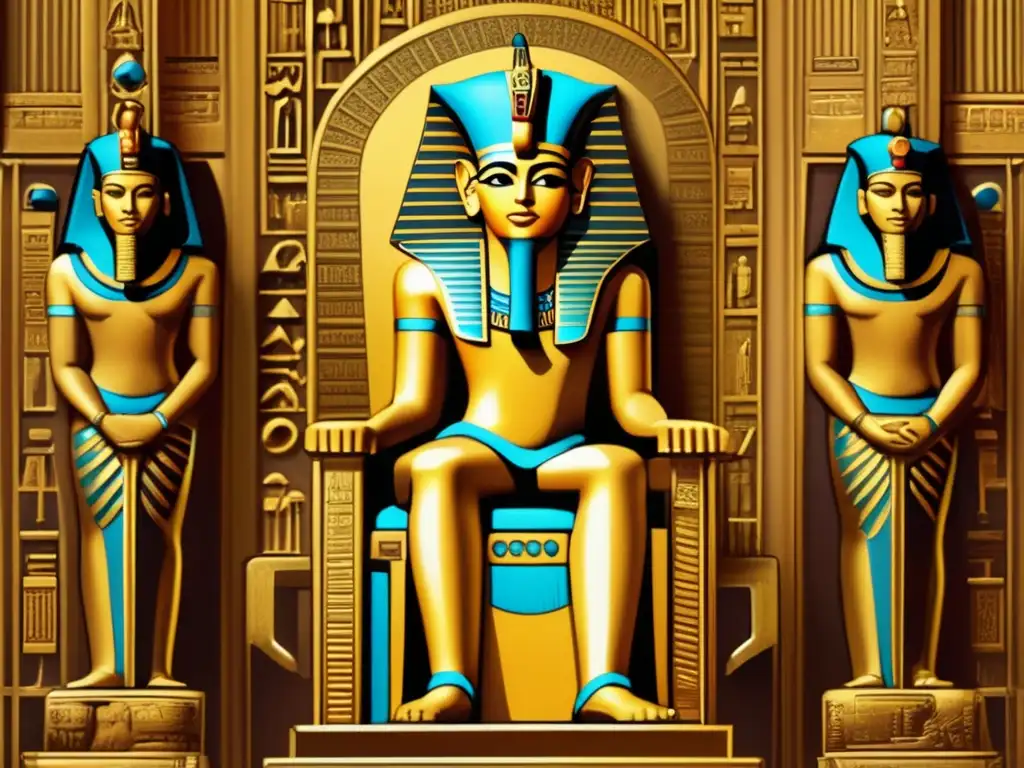 El legado del faraón: poder, leyes y tradición Un faraón sentado en un trono dorado, rodeado de escribas y estudiosos, representando la Legislación del faraón en Egipto