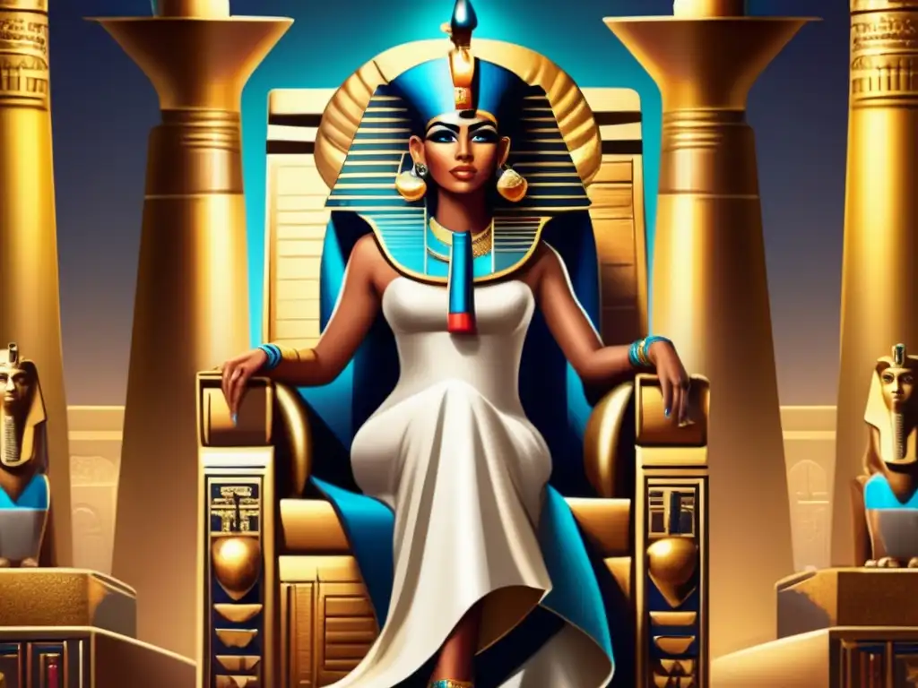 Faraona egipcia poderosa en un trono dorado con jeroglíficos