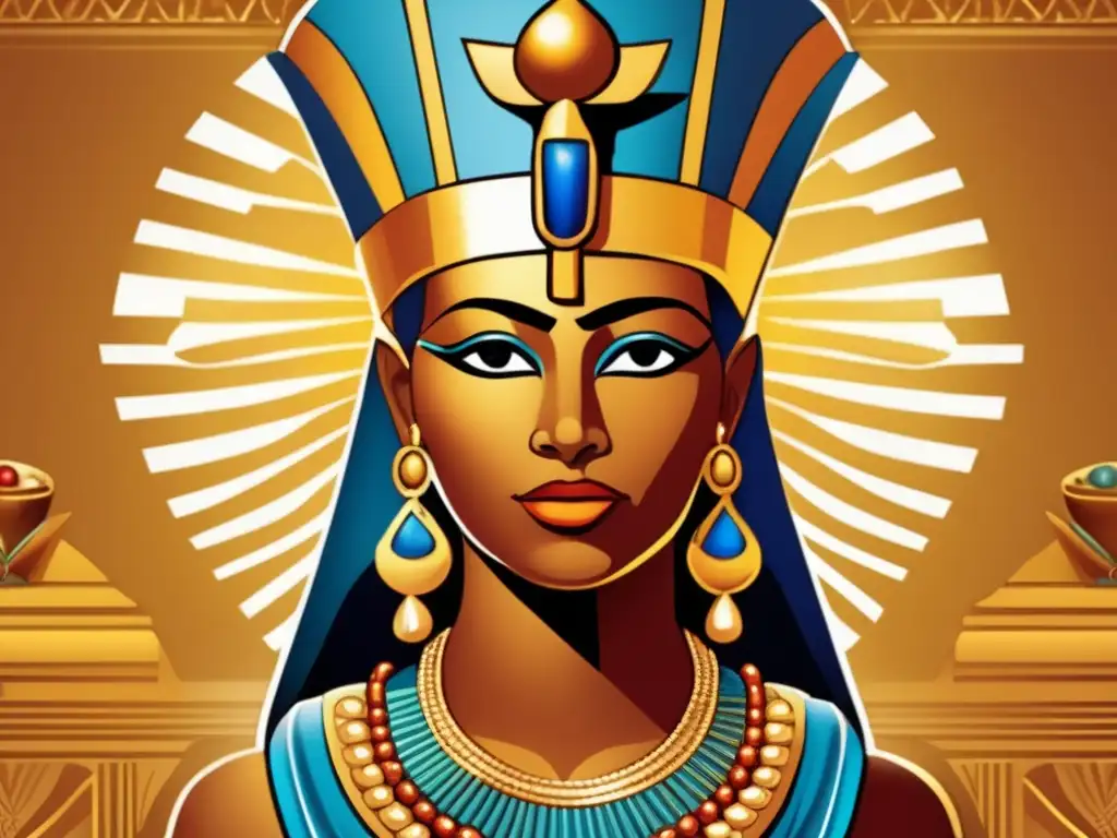 Faraona desafiando el patriarcado: Queen Hatshepsut, poderosa y regia, con su atuendo dorado y joyas, simbolizando su reinado en el antiguo Egipto