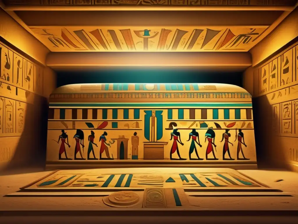 Maldición de los faraones: el misterio de la tumba antigua de Egipto cobra vida con sombras, jeroglíficos y un sarcófago intrincadamente decorado
