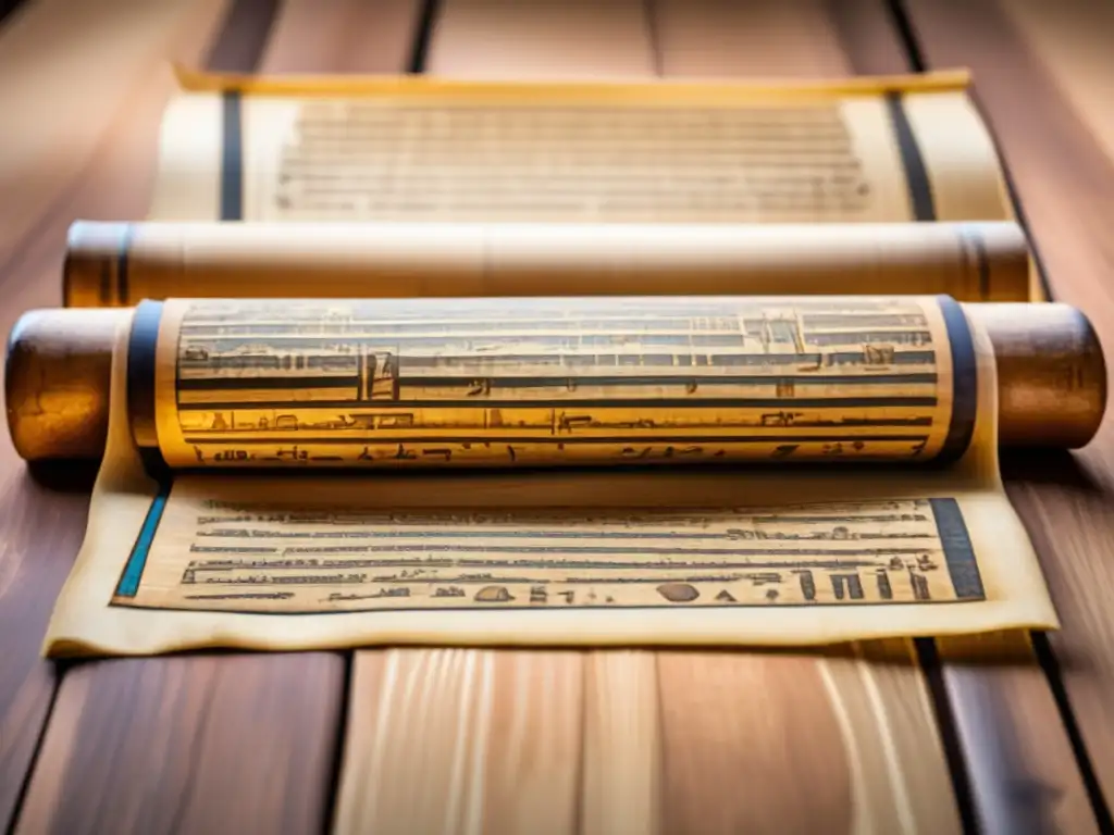 Descubre la fascinación de los Textos literarios del Antiguo Egipto en un antiguo papiro desenrollado sobre una mesa de madera