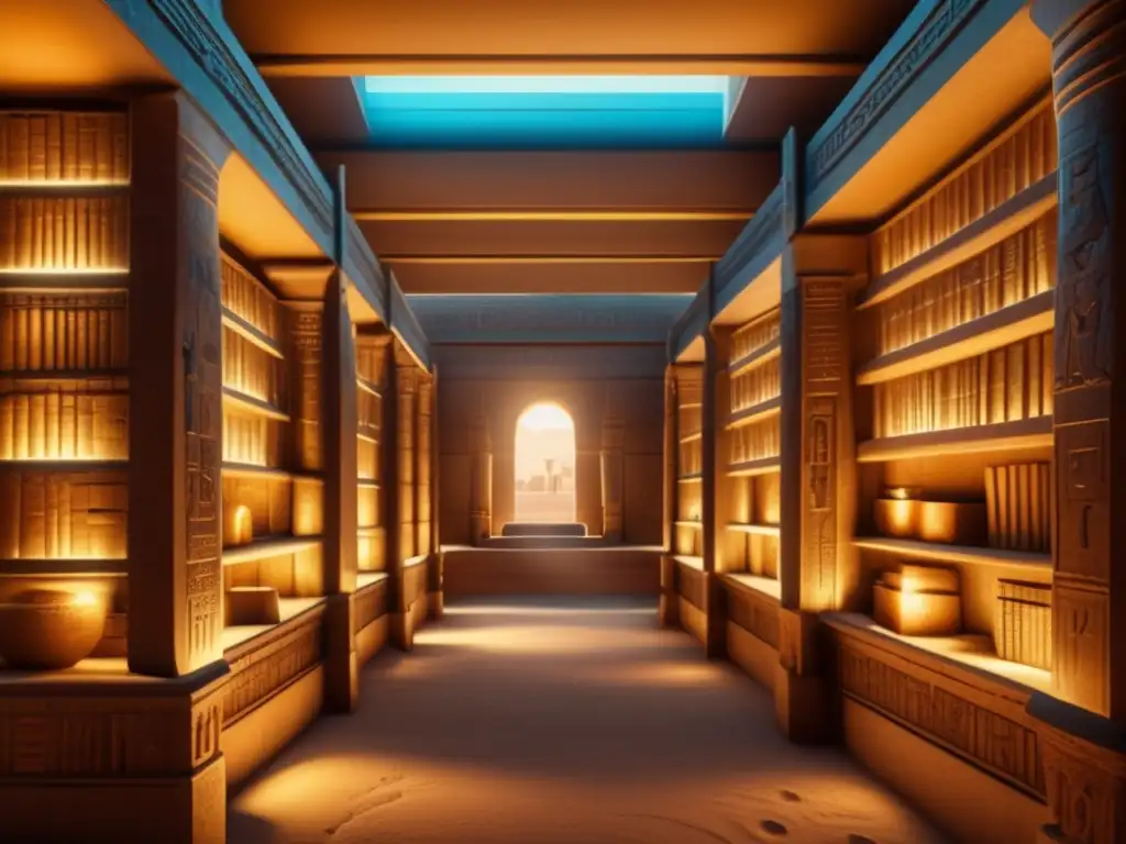 Explora una fascinante biblioteca egipcia antigua, llena de rollos de papiro desgastados y misteriosos jeroglíficos
