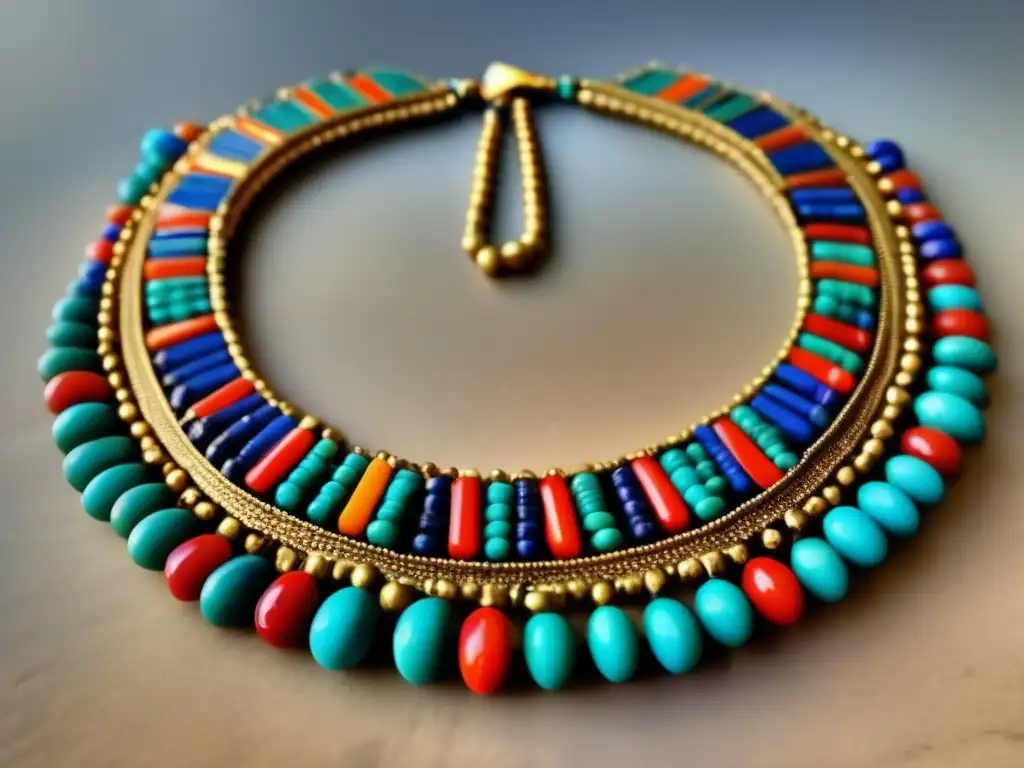 Un fascinante collar egipcio antiguo adornado con cuentas intrincadas y colores vibrantes, que evoca la rica herencia cultural de Egipto