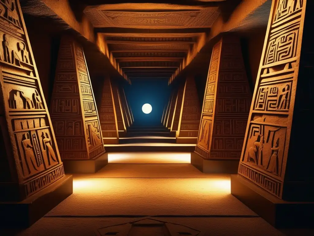 Un fascinante y detallado 8k de estilo vintage que muestra el interior del complejo funerario faraón Amenemhat III en la Pirámide de Hawara