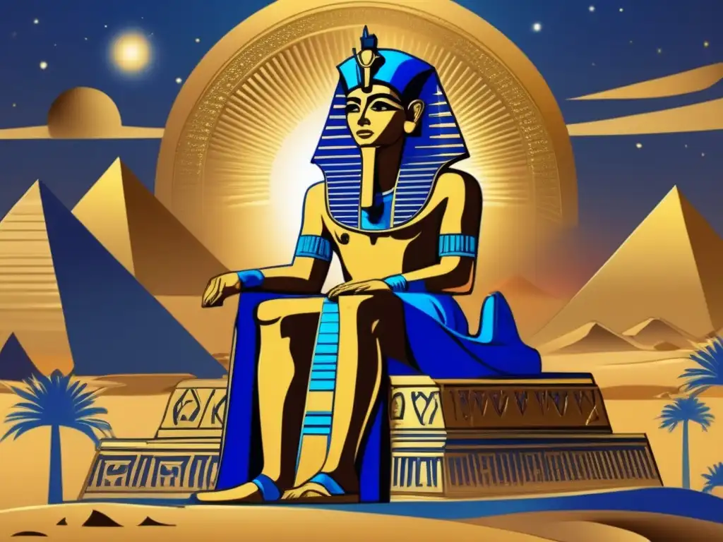 Un fascinante dibujo vintage de un faraón egipcio adornado con regalía elaborada, sentado en un trono dorado decorado con jeroglíficos intrincados