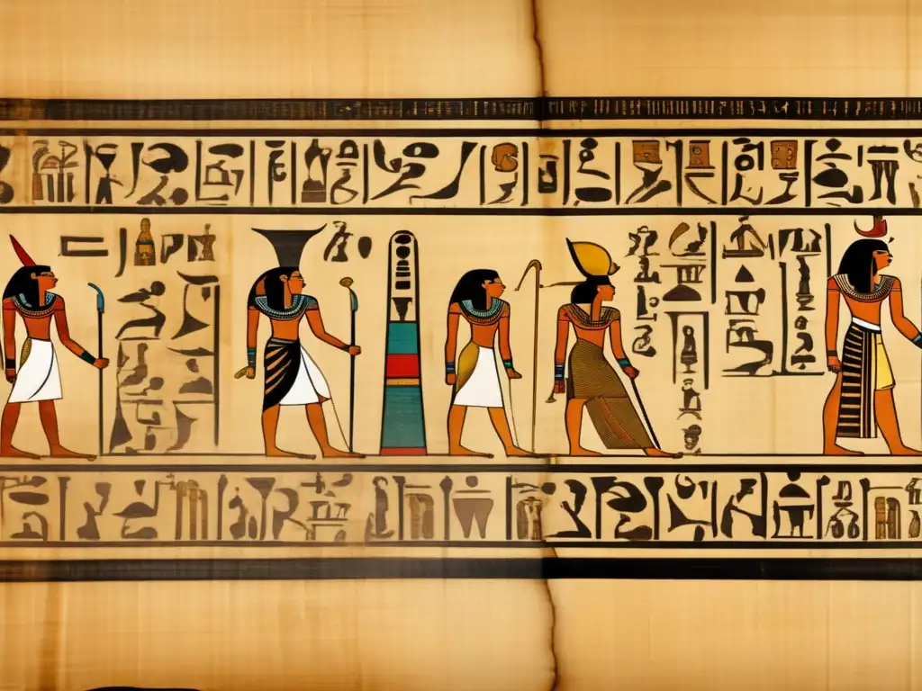 Descubre la fascinante escritura del Antiguo Egipto en un pergamino antiguo, con misteriosas jeroglíficos y demótica