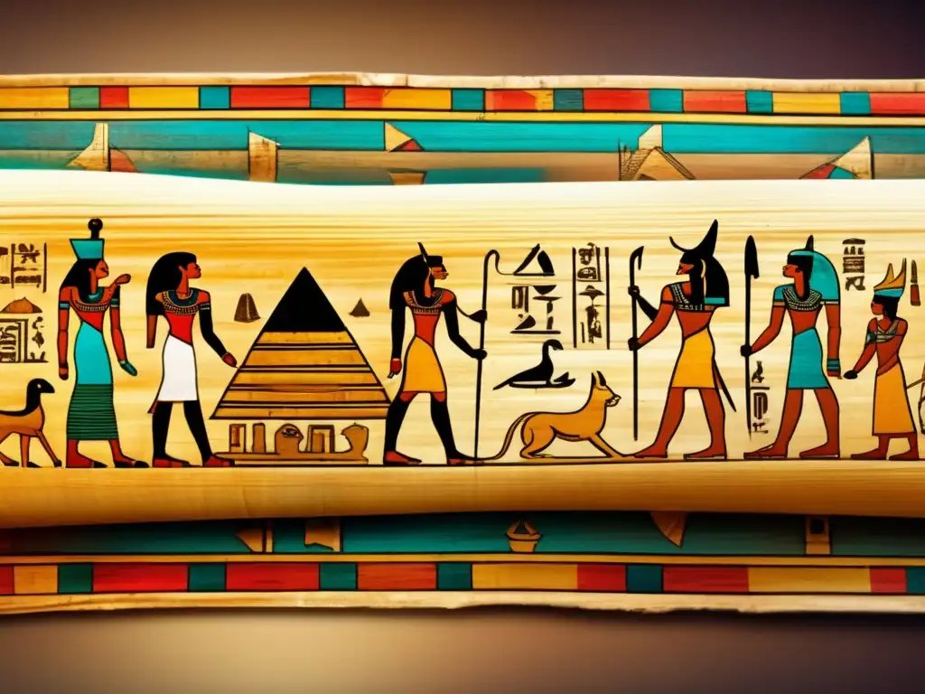 Descubre la fascinante escritura jeroglífica egipcia en un pergamino antiguo iluminado por una cálida luz