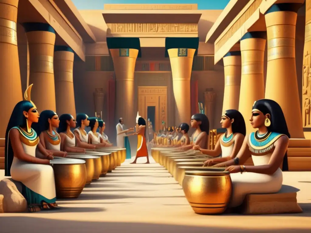 Un fascinante grabado ultradetallado de una orquesta egipcia antigua en el patio de un imponente templo