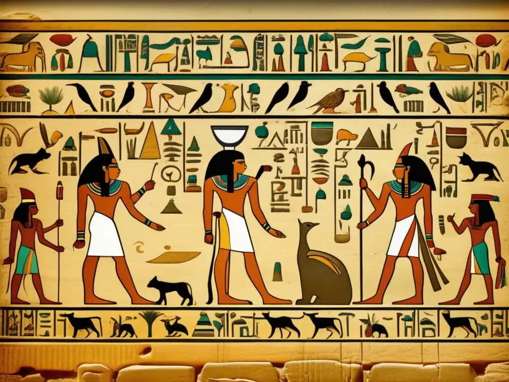 Una fascinante imagen de una antigua pared egipcia adornada con intrincados jeroglíficos