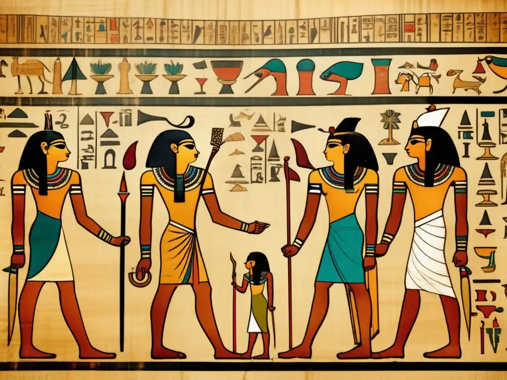 Una fascinante imagen de un antiguo papiro egipcio con detalladas jeroglíficos e ilustraciones