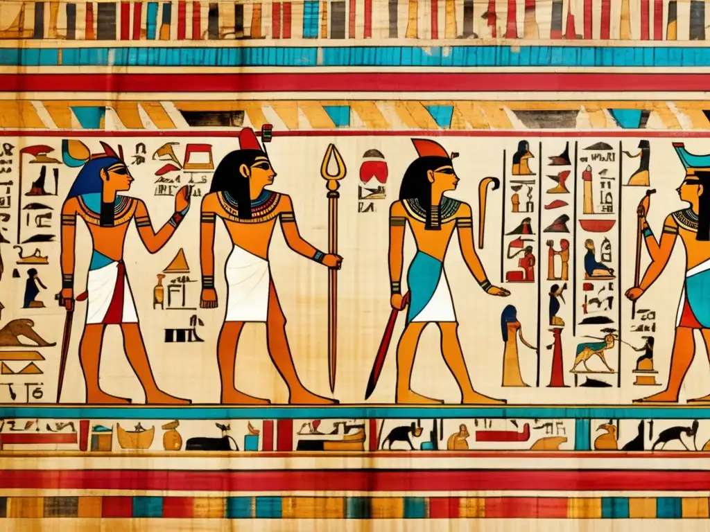 Una fascinante imagen de un antiguo pergamino egipcio desenrollado, revelando textos jeroglíficos bellamente conservados