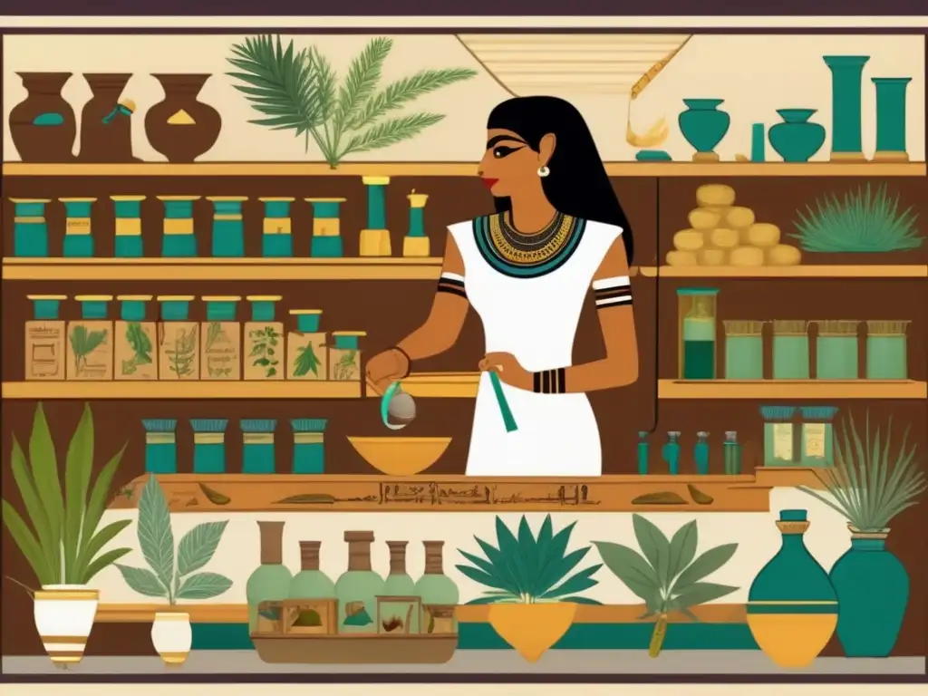 Una fascinante imagen de un antiguo pergamino egipcio que muestra el proceso detallado de preparar remedios herbarios tradicionales